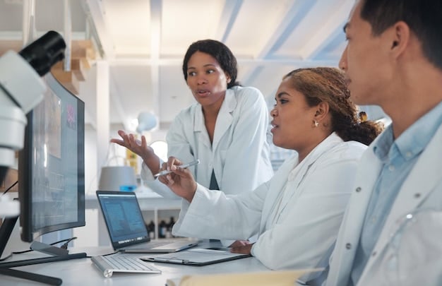 A group of diverse scientists and researchers working together in a high-tech laboratory, analyzing data on computer screens and discussing findings, symbolizing international collaboration in climate research.