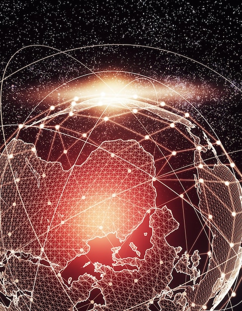 An image depicting a globe with various interconnected network lines, symbolizing global trade and financial transactions. Superimposed on the globe are icons related to cybersecurity, human rights, and political instability, representing the different drivers of US sanctions policy.