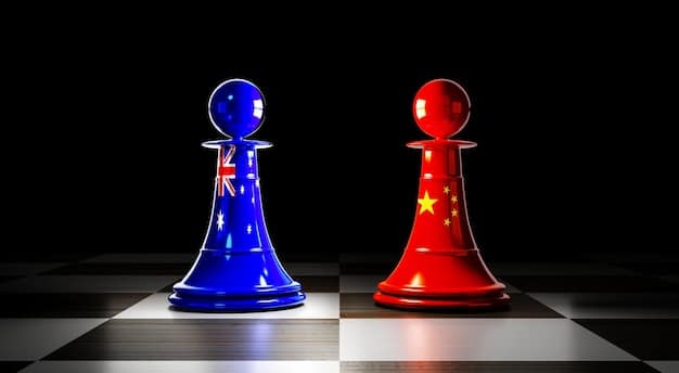 A digital illustration depicting a chess game with pieces representing the US, China, and Russia. The chessboard is set against a backdrop of the Earth, symbolizing the global strategic competition.
