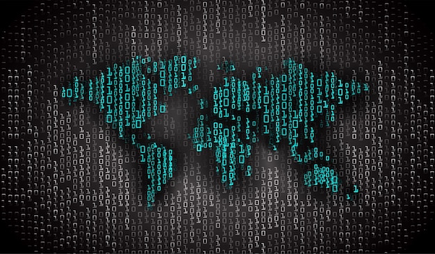 A graphic depicting a world map covered in digital binary code, interspersed with icons representing malware, viruses, and cyberattacks originating from different countries, illustrating the global scope of cybersecurity threats.