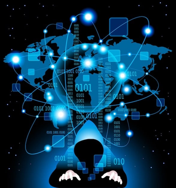 A stylized image of interconnected computer networks symbolizing cyber warfare threats facing NATO.