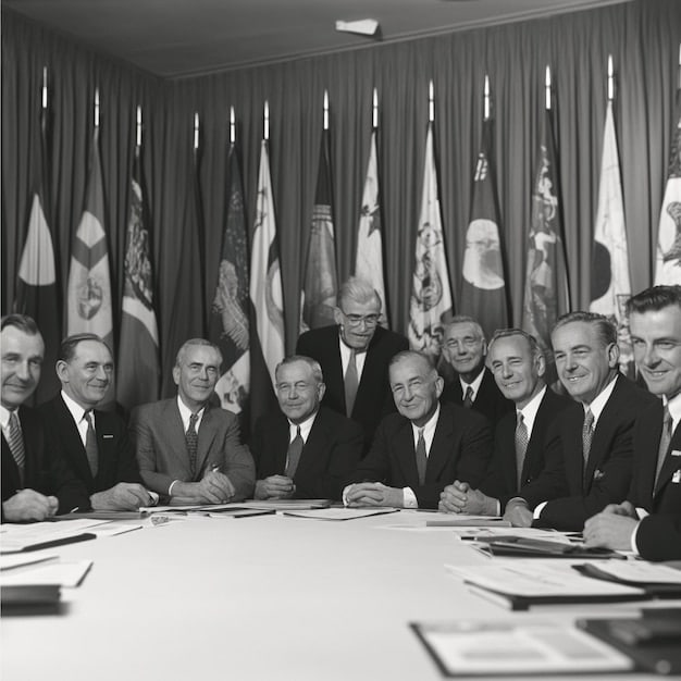 A black and white photograph showing President Reagan meeting with leaders of a known authoritarian regime during the Cold War, symbolizing the tension between US foreign policy and human rights advocacy.