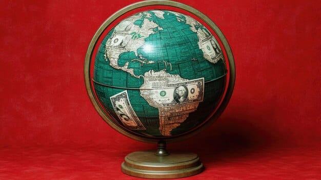 A photo depicting a globe with a US dollar symbol prominently displayed on the United States, symbolizing the global dominance of the currency.