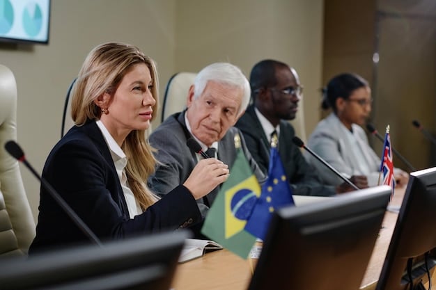 A close-up of a United Nations Security Council meeting, focusing on the delegates and the serious expressions on their faces, highlighting the global diplomatic efforts related to nuclear non-proliferation.