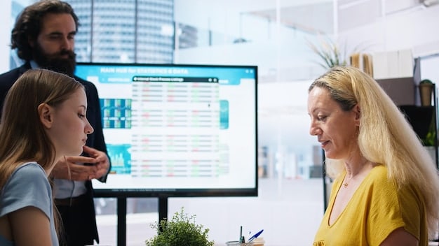 A modern office setting with employees collaborating on a digital display showing projected financial data and growth charts. The image represents how large corporations might adapt by leveraging technology and teamwork in response to the new tax regulations.