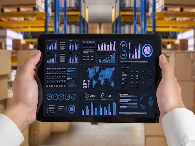 A digital dashboard displaying real-time data on supply chain operations, including inventory levels, shipment tracking, and potential risk alerts, emphasizing technological solutions.