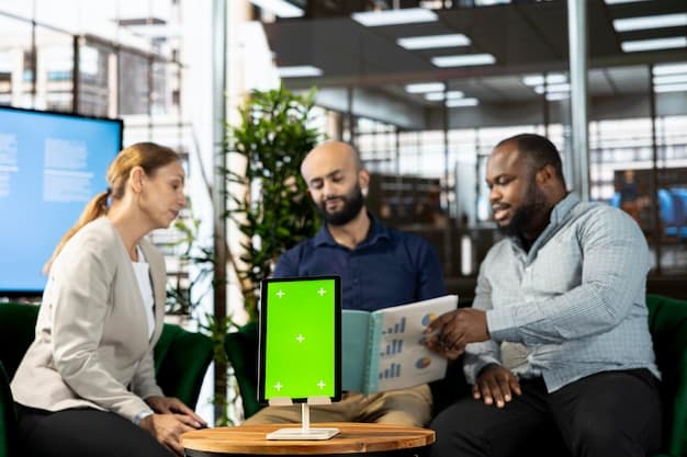 A diverse group of employees in a modern office setting, collaborating on a project involving AI-driven data analysis dashboards. The atmosphere is collaborative and forward-thinking.