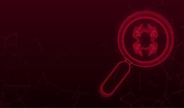 A stylized graphic of a magnifying glass focusing on a network of interconnected nodes, representing vulnerability scanning and assessment in cybersecurity.