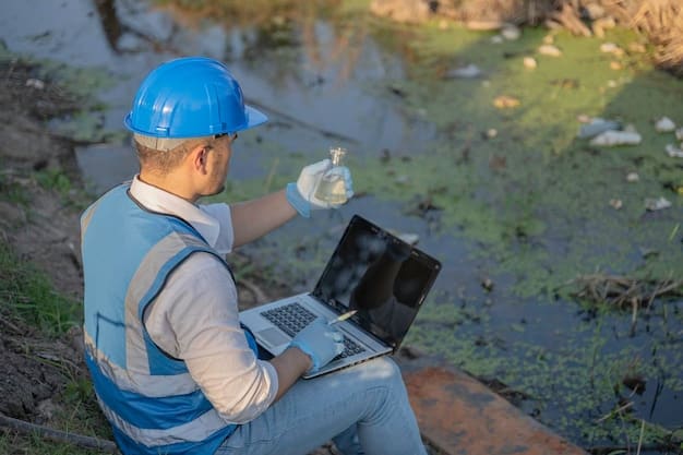 A close-up of a water testing kit being used near a river, highlighting the importance of water quality monitoring and compliance with the Clean Water Act.