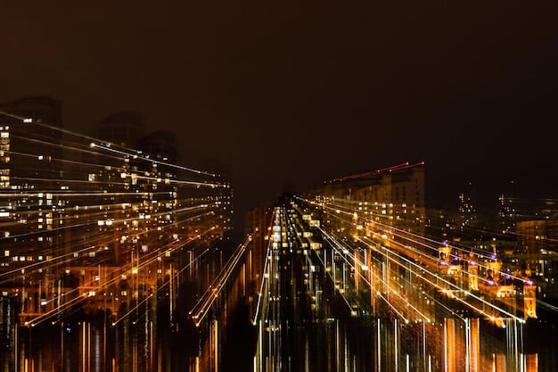 A futuristic cityscape with fiber optic cables glowing beneath the streets, representing advanced internet infrastructure and the investments ISPs might make post-net neutrality regulations.
