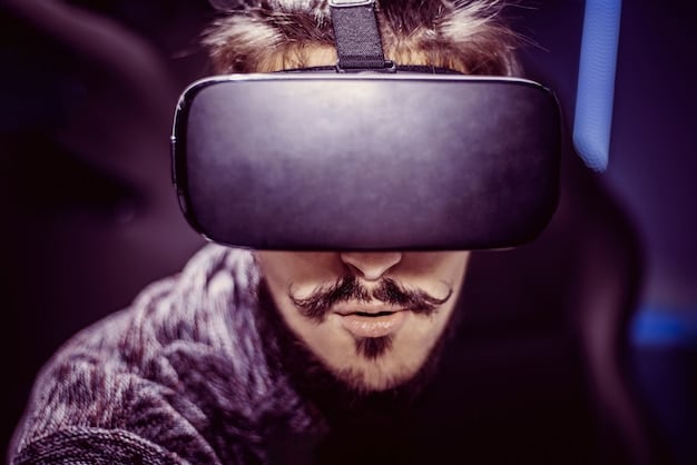 A close-up of a person wearing a VR headset, immersed in a virtual world, interacting with digital interfaces.