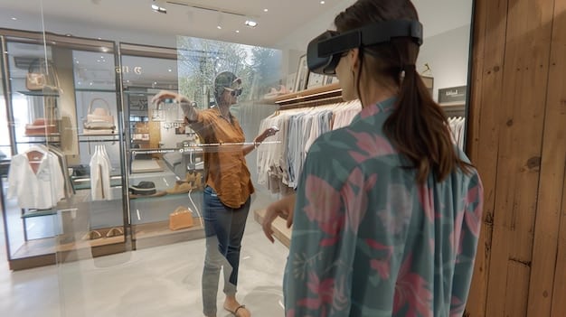 A vibrant scene inside a virtual retail store, with avatars browsing digital clothing and accessories.