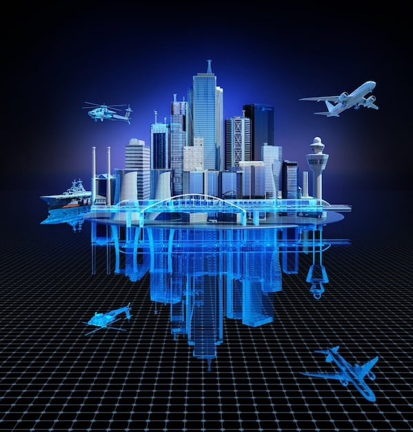A futuristic cityscape with holographic projections of innovative technologies, such as flying cars and augmented reality interfaces, symbolizing the potential for innovation in the tech industry.