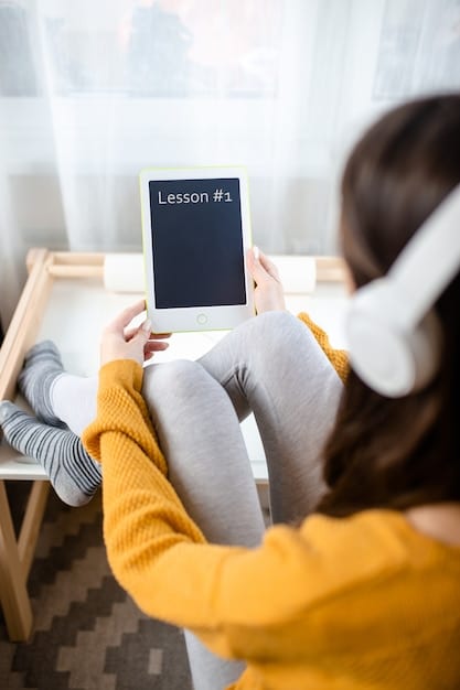 A close-up of a student wearing headphones and interacting with an AI tutor on a tablet. The screen displays a math problem and the AI tutor provides step-by-step guidance with encouraging text.