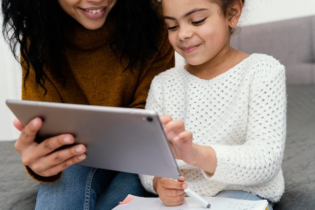A teacher is smiling at a student who is using a tablet with an AI-powered educational app in a brightly lit classroom. The app provides real-time feedback and support for the student, enhancing their learning experience.