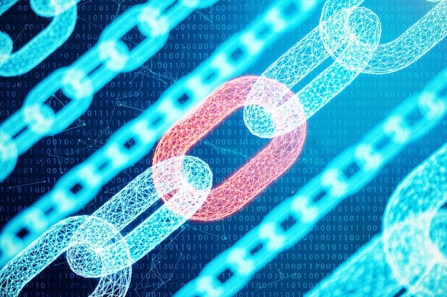 A graphical depiction of a blockchain network applied to healthcare. Blocks contain encrypted patient data, with authorized healthcare providers accessing the information through secure keys. The image emphasizes the security and interoperability of blockchain in healthcare.