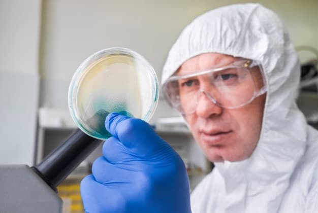 A close-up of factory workers in a lab coat analyzing a sample of industrial wastewater with sophisticated testing equipment, ensuring compliance with EPA regulations. The focus is on precision, technology, and the commitment to environmental monitoring.