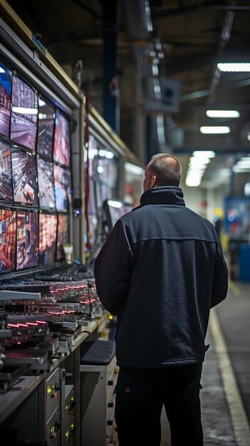 A modern factory control room with engineers monitoring data on large screens, showcasing real-time information on waste generation, emissions, and resource consumption, emphasizing data-driven decision-making and proactive environmental management.