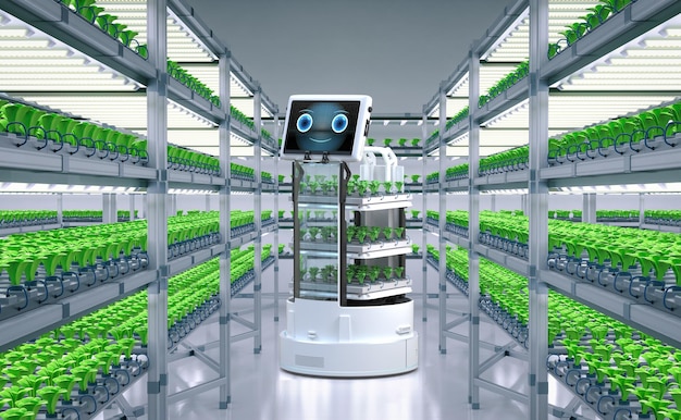 Interior of a modern vertical farm, with controlled environment and automated systems, showing robots moving plants or monitoring growth parameters with data dashboards visible in the background.