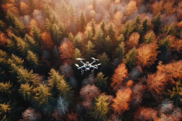 A drone flying over a forest, equipped with thermal imaging cameras to detect hotspots. The image should demonstrate the use of advanced technology in wildfire detection and monitoring.