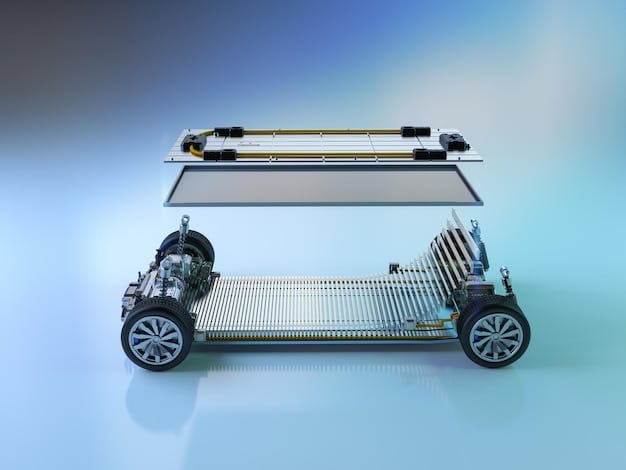 A conceptual rendering of a solid-state battery pack integrated into an electric vehicle chassis. The internal components of the battery are visible, highlighting its solid structure. Arrows indicate the flow of energy and thermal management system.