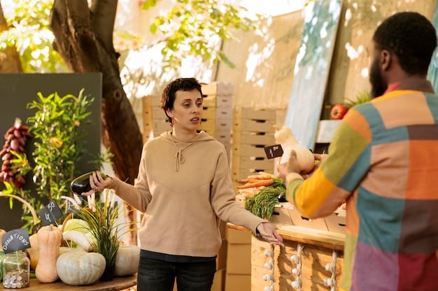 A person happily shopping at a local farmers market, surrounded by colorful, fresh produce, illustrating the benefits of supporting local and sustainable agriculture.