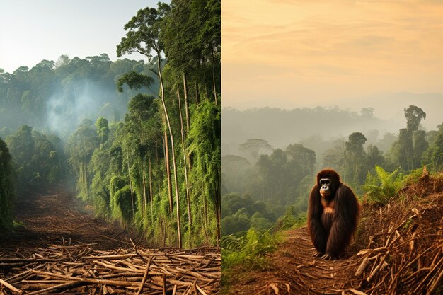A before-and-after comparison showing a healthy section of the Amazon rainforest on the left and a severely deforested area on the right, illustrating the stark contrast and devastating impact.