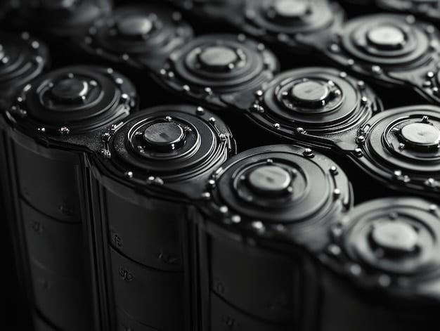 A close-up of a lithium-ion battery used in energy storage, showcasing its design and components. The background includes a grid-scale storage installation, emphasizing its application in stabilizing renewable energy sources.