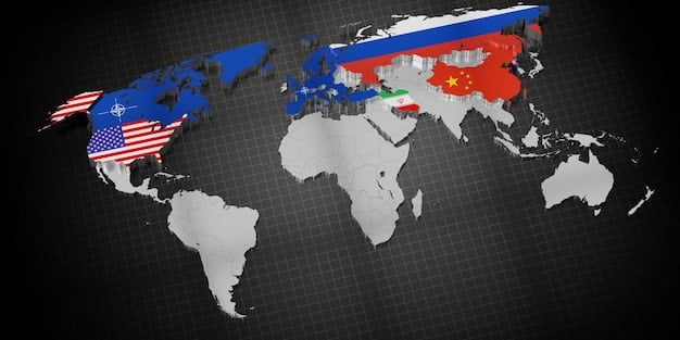 A divided world map showing the US and its allies in blue and Russia and its allies in red, illustrating the geopolitical divide caused by sanctions.