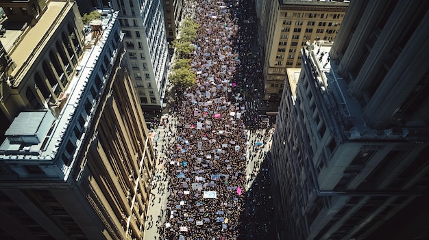 A detailed photograph of a crowded street in a major Middle Eastern city. Protesters are holding up signs in Arabic and English advocating for peace and stability, with US and other international flags interspersed among them.