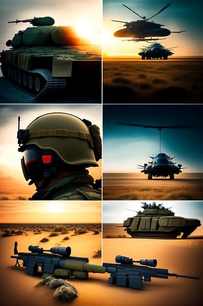 A collage of images depicting various aspects of US military involvement in the Middle East, including troops patrolling a desert landscape, a naval ship sailing in the Persian Gulf, and a military base with US and allied flags waving in the wind.