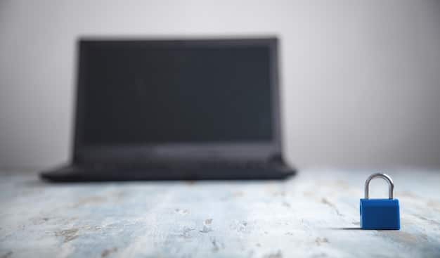 A person using a laptop with a lock icon on the screen, symbolizing data privacy and security. The background should depict a modern office environment.