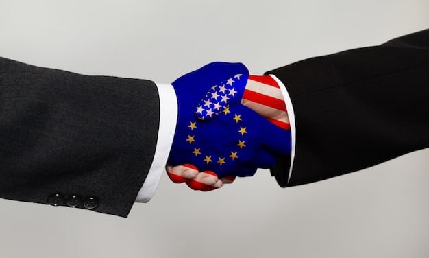 A handshake between two people in business suits, with the flags of the United States and the European Union in the background, symbolizing transatlantic cooperation and trade.
