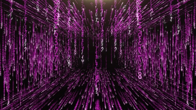 A digital illustration depicting cyber warfare, with lines of code and binary digits forming a global network. Dark background with neon accents.