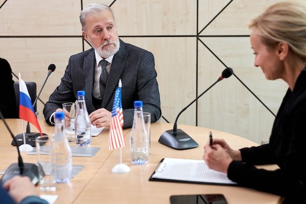 A meeting of NATO leaders, seated around a large table with documents and microphones. Focused expressions, representing diplomatic discussions and strategic planning.