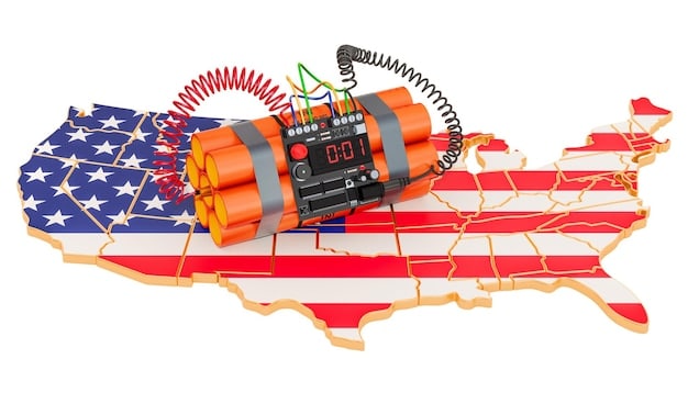 A digital illustration depicting a broken nuclear symbol with the flags of the US and Iran intertwined in the background, symbolizing the collapse of the nuclear deal and the strained relations between the two countries.