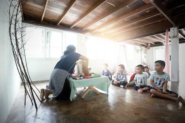A group of children participating in a psychosocial support program in a safe zone, with counselors and volunteers overseeing activities.