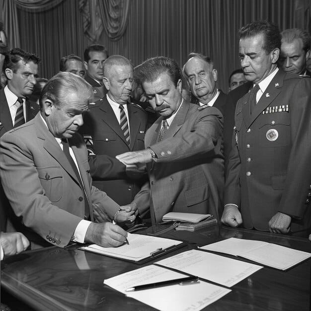 A historical photo showing a US delegate signing the WHO charter in 1948, emphasizing the initial commitment and involvement of the United States in the organization's founding.