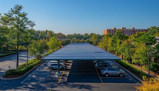 A cityscape with electric vehicles charging at a public station and buildings with solar panels, illustrating policy alignment and domestic initiatives towards sustainability.
