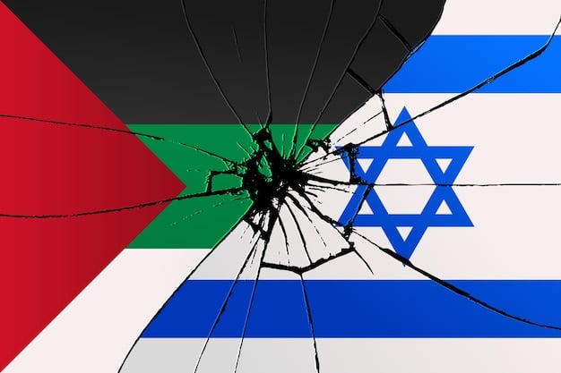 A cartoon depicting the US juggling Israeli and Palestinian interests, with both sides pulling in different directions, symbolizing the tightrope walk and the difficulty in maintaining a balanced approach.