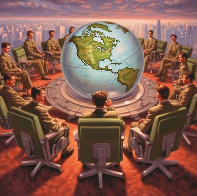 A group of world leaders sitting around a table during a climate summit. The image should capture the intensity and importance of international climate negotiations.