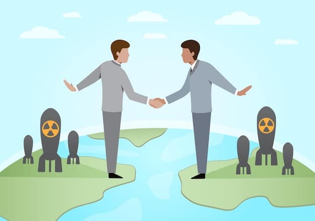 A visual representation of the START treaty signing, featuring diplomats shaking hands over documents, symbolizing international cooperation on nuclear arms reduction.