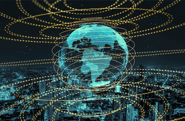 A stylized graphic representing global trade and financial networks being disrupted by a satellite malfunction, symbolizing the economic vulnerability from space-based assets.