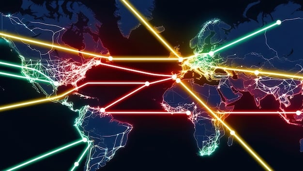 A detailed map of global internet cables and data flows, with certain major hubs or routes colored differently to represent potential digital divides or alternative network developments.