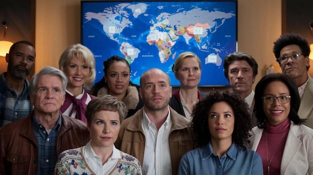 A diverse group of diplomats and policymakers from various nations engaged in intense discussion within a modern UN assembly hall, with world maps on screens and a sense of urgent deliberation.