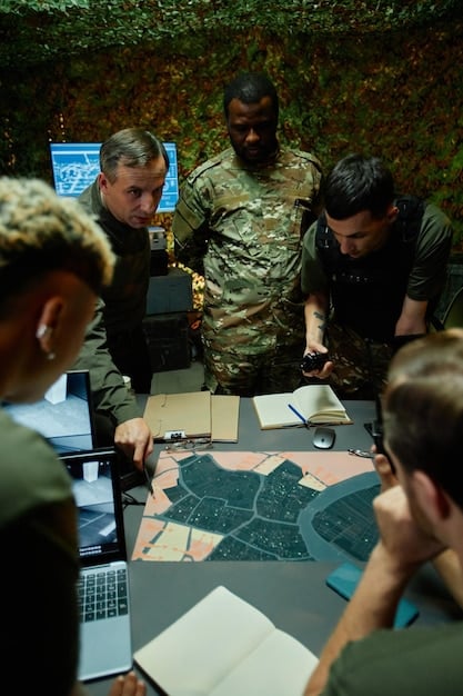 A diverse group of soldiers from different nations undergoing joint training for peacekeeping operations, emphasizing collaboration.