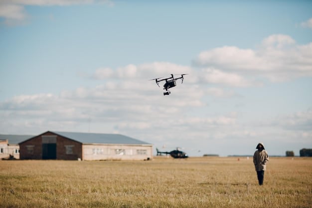 A drone flying over a village, symbolizing evolving technology in military intelligence and support for peacekeeping operations.