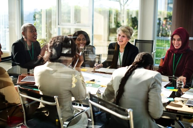 A diverse group of professionals from various ethnic backgrounds collaborating in a modern office environment, symbolizing skilled labor.