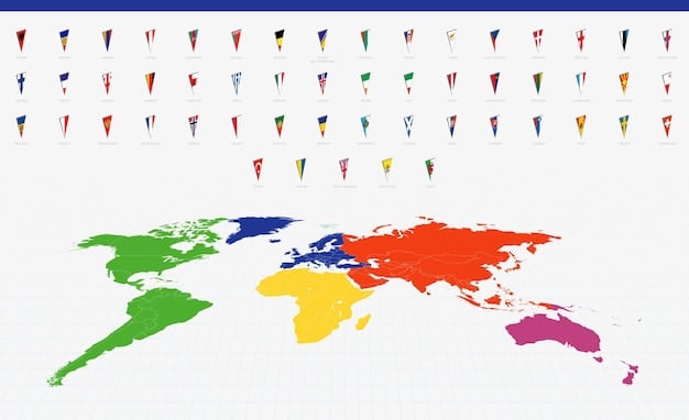 A detailed world map with various flags, some appearing to pull away from the United States represented by a central, isolated spotlight. Arrows indicate shifting alliances and a more fractured global network, emphasizing diplomatic strain and an altered international landscape.