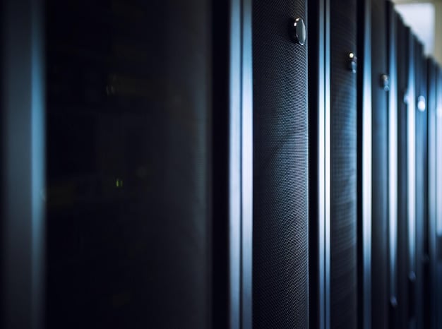 A close-up of a secure server room with blinking lights and network cables, conveying data protection and infrastructure.